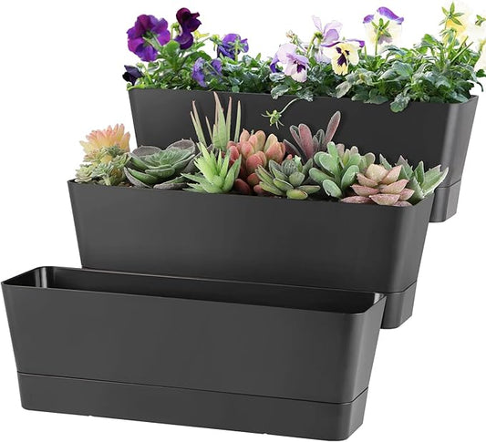 Window Box Planter with Tray, 12" Rectangle Plant Pot, Pack of 3 (Black)