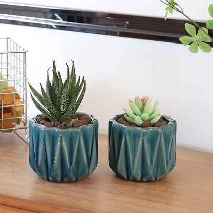 Plant Pot 4 Inch Ceramic Pots, Set of 2 Flower Pots Crackle Glaze Small Planters Pots with Drainage Hole and Mesh Pads for Indoor Outdoor Gardern Pots Succulent, Cactus, Herbs (Green)