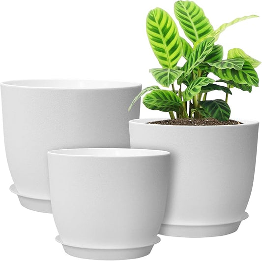 12/10/9 Large Plant Pots, Plastic Planters with Drainage Holes and Saucers for Indoor Outdoor Plants Flowers, White