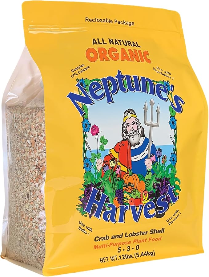 Neptune’s Harvest Organic Crab & Lobster Shell Multi-Purpose Plant Food (5-3-0) - 12 LB Resealable Bag - Rich in Nutrients Soil Fertilizer - Plant Food for Lawns, Gardens, and Vegetables