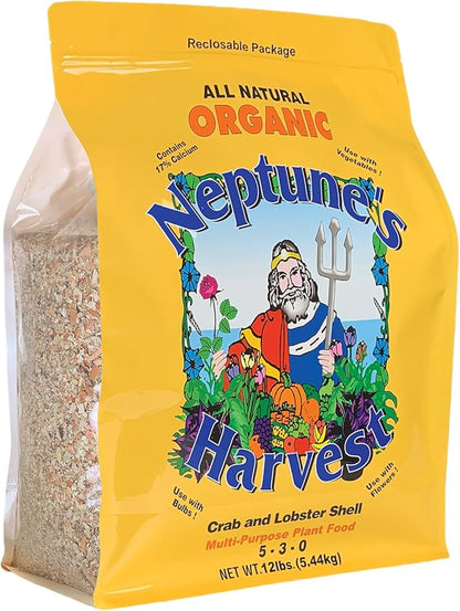 Neptune’s Harvest Organic Crab & Lobster Shell Multi-Purpose Plant Food (5-3-0) - 12 LB Resealable Bag - Rich in Nutrients Soil Fertilizer - Plant Food for Lawns, Gardens, and Vegetables