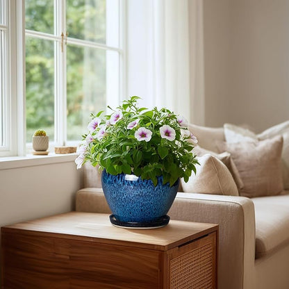 8 Inch Plant Pot - Ceramic Planter for Indoor Plants Outdoor, Round Planter with Drainage Hole and Saucer, Modern Decorative Flower Pots, Home Office Room Decor, Plant Lovers Gifts, Blue