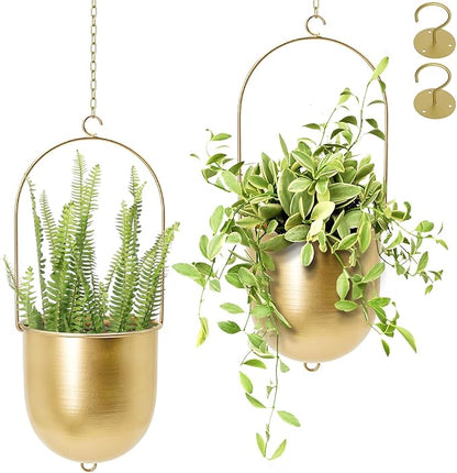 Boho Hanging Planter, Set of 2 Gold Metal Plant Hanger with Hooks and Chains, Modern Wall & Ceiling Planters Outdoor/Indoor Hanging Planter for Window, Porch, Balcony and Home Décor