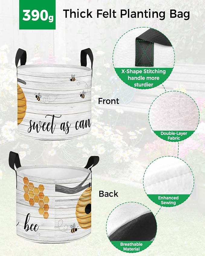 3 Gallon Grow Bags Planter Bag,Fall Hive Bumble Bee Vintage Wood Grain Fabric Plant Pots with Handle,Flower Grow Bag for Vegetable Potato Tomato,Farm Honeybee Gardening Bags