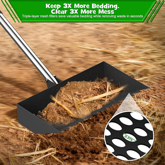 Chicken Poop Scooper & Rake 2-in-1 – 12 Inch Shovel Head & 3-Angle Adjustable Stainless Steel Handle, Chicken Litter Scoop and Coop Rake & Sand Sifting Shovel for Chicken Coops, Black