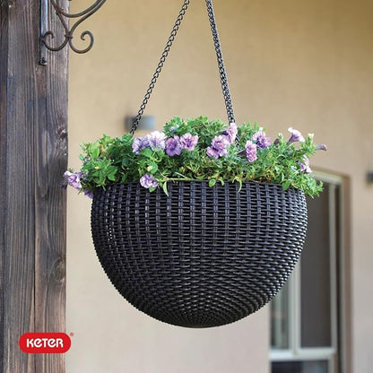 Keter Resin Rattan Set of 2 Round Hanging Planter Baskets for Indoor and Outdoor Plants-Perfect for Porches and Patio Decor, Graphite
