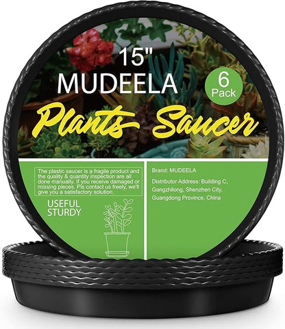 MUDEELA 6 Pack of 15 Inches Plant Saucers for Indoor, Durable Plastic Round Plant Tray Plant Dish Pant Plate to Catch Water for Flower and Plant Pot, Thicker, Stronger, Deeper, Black