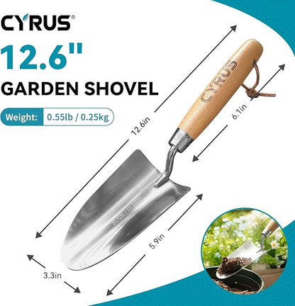 CYRUS Garden Shovel 12.6”Stainless Steel,Small Shovels for Gardening with Ash Wood Handle,Hand Shovel Garden Spade Potting Soil Scoop for Planting,Transplanting
