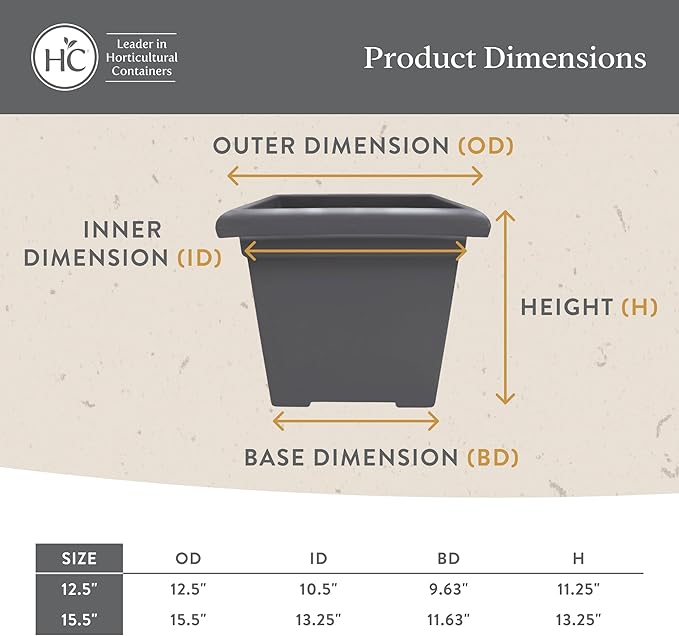 The HC Companies 15.5 Inch Accent Square Plant Pots with Drainage, Lightweight UV-Resistant Plastic Planters for Indoor & Outdoor Plants, 2-Pack Flower Pots for Garden, Office & Home Decor, Warm Gray