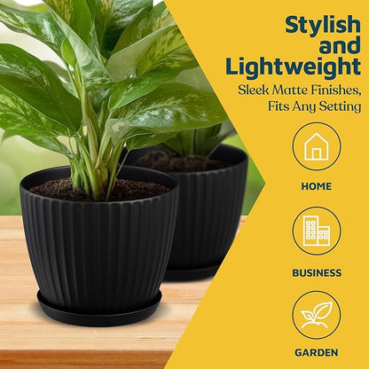 Black 6-Inch Plant Pots with Drainage & Saucers 6 Pack, Indoor & Outdoor Planters for Houseplants, Herbs, and Flowers, Durable & Weatherproof Material, Stackable, Lightweight, Minimalist Design