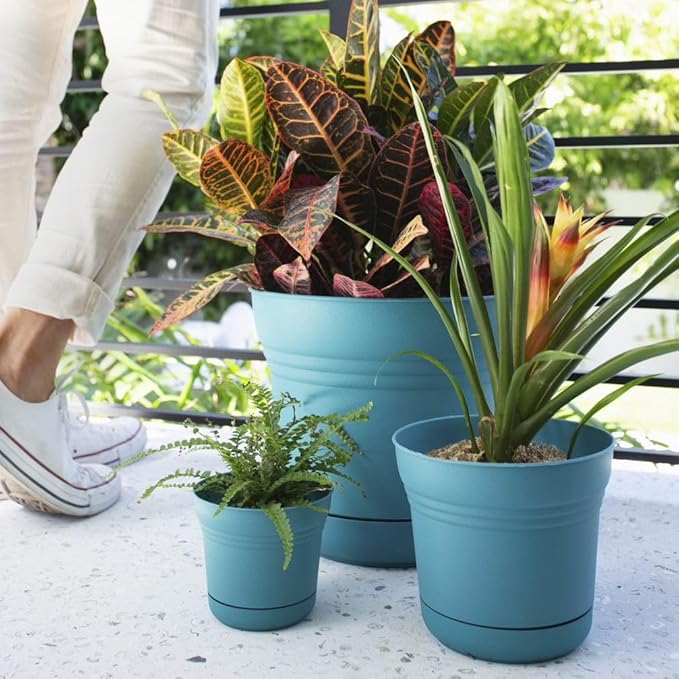 Bloem Saturn 7" Bermuda Teal Round Resin Planter Pot with Snap-in Saucer for Indoor and Outdoor Gardening