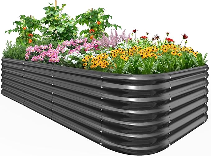 Quictent Galvanized Raised Garden Bed Kit, 8x4x2 ft Oval Metal Planter Box Tall for Vegetables Outdoor Backyard, Strengthened by Crossbar, Dark Gray