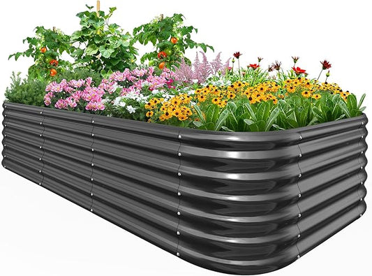 Quictent Galvanized Raised Garden Bed Kit, 8x4x2 ft Oval Metal Planter Box Tall for Vegetables Outdoor Backyard, Strengthened by Crossbar, Dark Gray