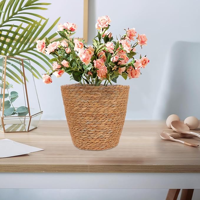 SUPVOX 2pcs Woven Plant Basket with Plastic Liner, Rattan Flower Pot Cover for Indoor Plants - Boho Farmhouse Home Decor