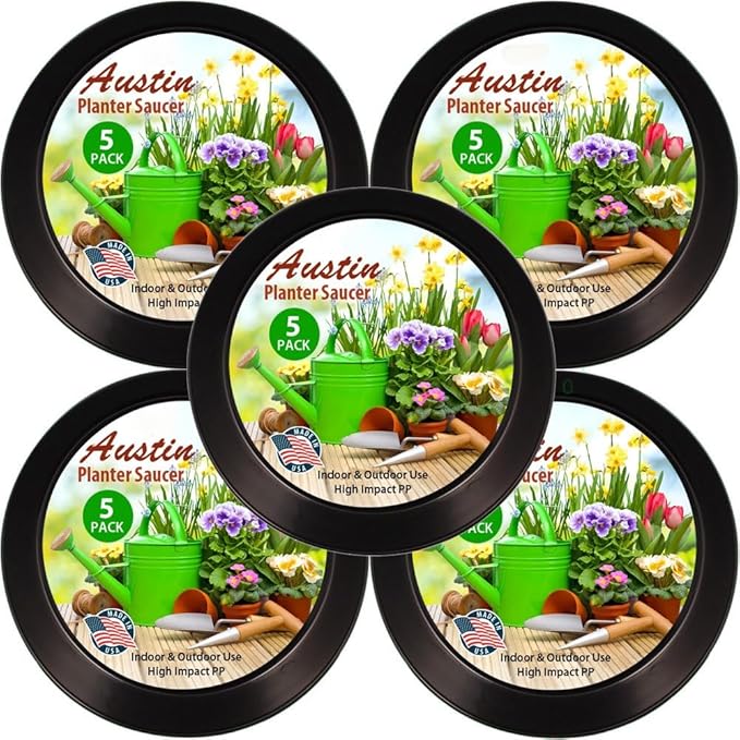 Case of 5 10 inch Plant Saucers - Base Dia 8.3 ins - Made in USA - Polypropylene,Heavy Duty Indoor/Outdoor Tray and Drip Pan,Collects Flower Pot Drainage and Excess Water (AS10, Black)