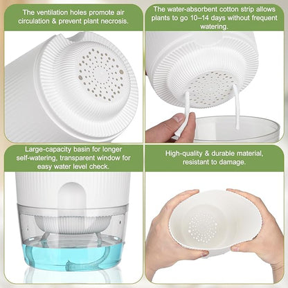Plant Pots, 4 Pack 5.7 Inch Self Watering Pots for Indoor Plants, Flower Pots with Deep Reservoir and Drainage Holes - White