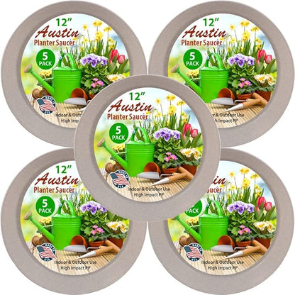 10 inch (8.3" Base) Case of 5 Plant Saucers -White Granite Colored Polypropylene,Heavy Duty Indoor/Outdoor Pan,Collects Flower Pot Drainage and Excess Water, Made in USA