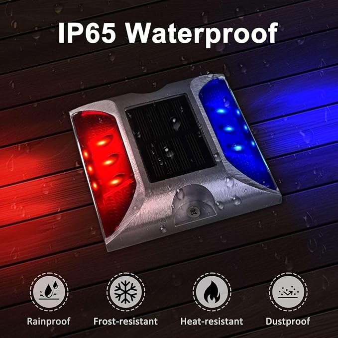 Aolyty Solar Driveway Lights Outdoor, Bright Solar Dock Lights, LED Warning Light Reflective Road Marker Steady Light IP65 Waterproof for Deck Sidewalk Stair Step Pathway (Red & Blue, 4 Pack)