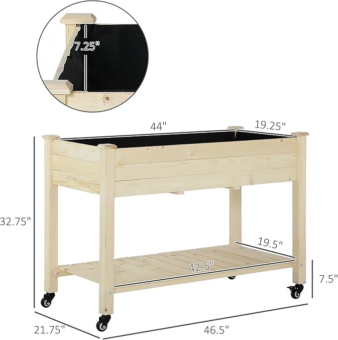Outsunny Raised Garden Bed, 47" x 22" x 33", Elevated Wooden Planter Box w/Lockable Wheels, Storage Shelf, and Bed Liner for Backyard, Patio, Natural
