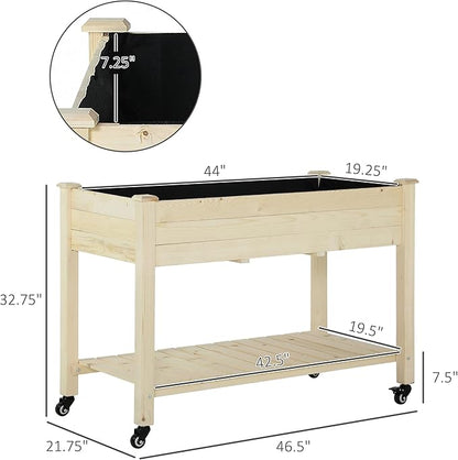 Outsunny Raised Garden Bed, 47" x 22" x 33", Elevated Wooden Planter Box w/Lockable Wheels, Storage Shelf, and Bed Liner for Backyard, Patio, Natural