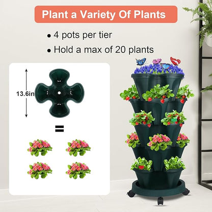 GameXcel Vertical Planter, 5 Tier Stackable Strawberry Planter with Garden Tool Set, Movable Indoor/Outdoor Garden Herb Pot for Growing Vegetables and Succulents, Green