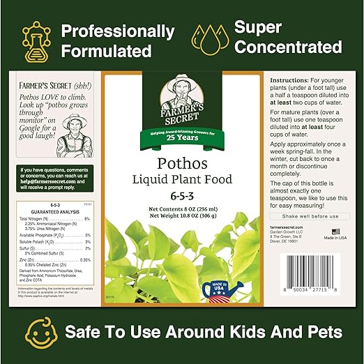 Farmer’s Secret Pothos Liquid Plant Food Fertilizer (8oz) - Super Concentrated - 6:5:3 Ratio - Strengthen Roots and Encourage Growth in All Varieties of Pothos