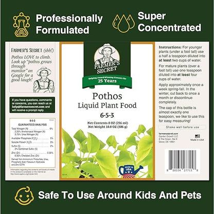 Farmer’s Secret Pothos Liquid Plant Food Fertilizer (8oz) - Super Concentrated - 6:5:3 Ratio - Strengthen Roots and Encourage Growth in All Varieties of Pothos