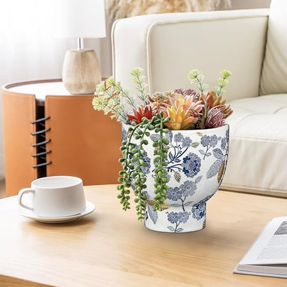 5.5 Inch Decorative Flower Pots, Blue and White Plant Pot Gold Accent Ceramic Planters for Indoor Plants Pots with Drainage Retro Planter Pot for Succulents Cactus Herb Snake Plants Outdoor Garden