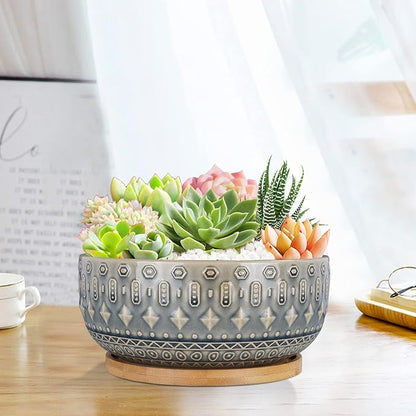 8 Inch Ceramic Succulent Planter Pots with Drainage Hole Flower Pot for Indoor Plants Round Shallow Bonsai Pot with Bamboo Tray Blue
