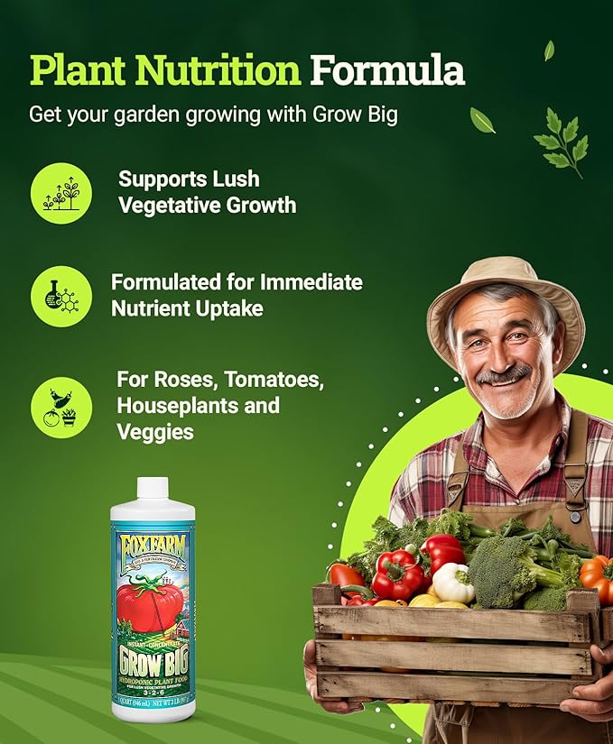 FoxFarm Grow Big Hydroponic Plant Food - 3-2-6 Liquid Plant Fertilizer for Lush Vegetative Growth in Hydroponic Systems - Liquid Concentrate with Earthworm Castings & Micronutrients - 1 Quart