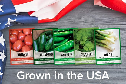 Gardeners Basics, Heirloom Salsa Growing Seed Packets, Roma VF Tomato, Jalapeno, Cilantro, Anaheim and Onion Seeds for Garden Non GMO 5 Free Plant Markers