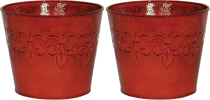 Robert Allen MPT01889 Fluer De Lis Series Metal Planter Flower Pot, 6", Color Cayenne Red (Pack of 2)