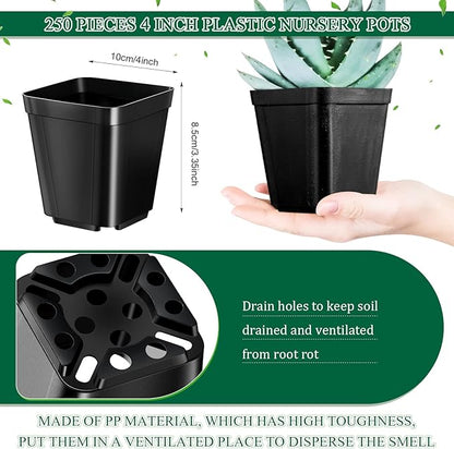 Yinder 250 Pcs 4 Inch Square Nursery Pots, Seedling Pots with Drainage Holes PP Plastic, Plant Planting Planters for Garden Outdoor Indoor Flower Succulent Vegetable Starting Seedlings, Black