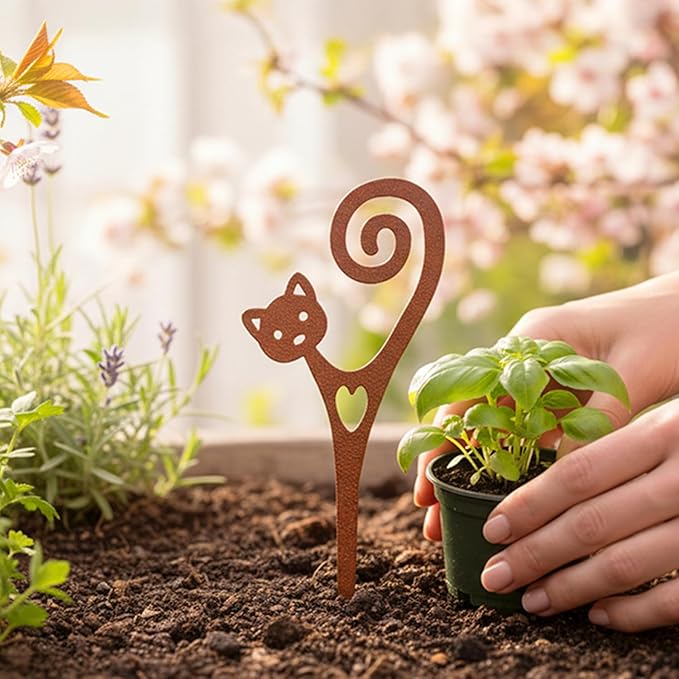 Cat Garden Stake A – Powder-Coated Metal Plant Pick & Cute Decor for Indoor & Outdoor Planters and Gardens