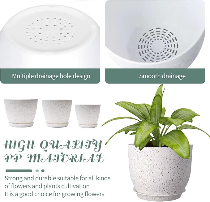 10/9/8 inch Plant Pots, 3 Pack Plastic Flower Pots Modern Flower Pots with Drainage Holes and Trays are for Indoor and Outdoor Plants, Herbs and Flowers,White Speckles