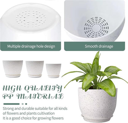 10/9/8 inch Plant Pots, 3 Pack Plastic Flower Pots Modern Flower Pots with Drainage Holes and Trays are for Indoor and Outdoor Plants, Herbs and Flowers,White Speckles