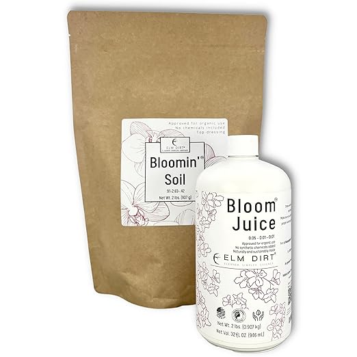 Elm Dirt Plant Food Bundle - Bloom Juice Liquid Fertilizer & Blooming Soil for Vegetables and Fruits - Organic Bloom Booster & Soil Fertilizer for All Plants Contains Plant Probiotic & Micronutrients