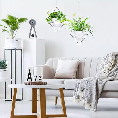 Hanging Planters for Indoor Plants, 2 Set Self Watering Hanging Flower Pots, Modern Hanging Plant Baskets with Metal Plant Holder & 6.5 Inch Plastic Pots for Garden Home Decor (White)