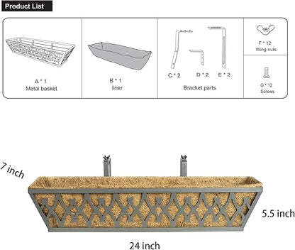 4 Pack 24 Inch Window Boxes Planters Railing Planter Box with Adjustable Brackets for Porch Fence Patio Balcony Hanging Flower Baskets with Coco Liners for Outdoor Garden Decor - Dark Grey