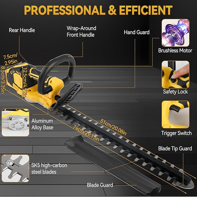 JOJOCY Cordless Hedge Trimmer, 20" Brushless Shrub Trimmer with 3-Speed Settings, Dual-Action SK5 Blade, Safety Lock, Tool Only (for DeWalt)