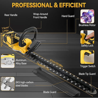 JOJOCY Cordless Hedge Trimmer, 20" Brushless Shrub Trimmer with 3-Speed Settings, Dual-Action SK5 Blade, Safety Lock, Tool Only (for DeWalt)