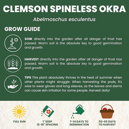 Okra Clemson Spineless – 225 Premium Seeds for Planting – High-Yield, Tender Heirloom Pods for The 2026 Season – 15 Gram Pouch