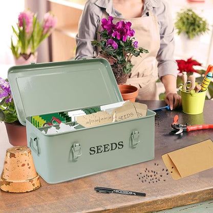 Seed Storage Organizer, 4 Compartment Seed Storage Box with Safety Lock, Metal Seed Box Container with 2 Pens, 20 Plant Labels and 50 Seed Envelopes for Seed Packet & Small Garden Tool, Green
