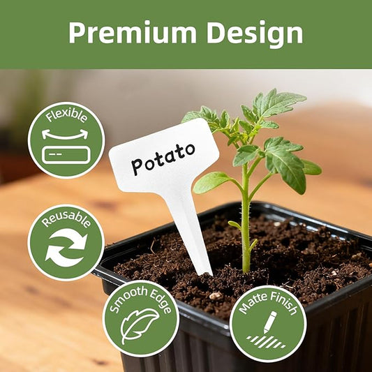 100 Pcs 4" Plant Labels with Marker Pen, Waterproof T-Type Garden Tags for Seeds, Flowers, Vegetable Seedlings, Plastic Nursery Markers for Outdoor & Indoor Gardening Organization