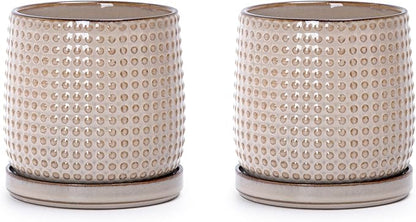 D'vine Dev Set of 2 Ceramic Plants Pots, 4 Inch Beaded Stoneware Flower Pot for Plants with Drainage Hole and Saucer, Light Brown, 27-E-Z-4