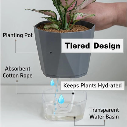 4 Packs Self Watering Plant Pots, Plastic Flower Pots with Drainage Hole and Saucer, Self Watering Planters for Indoor Outdoor Garden Plants, African Violet, Herbs (White, 5")