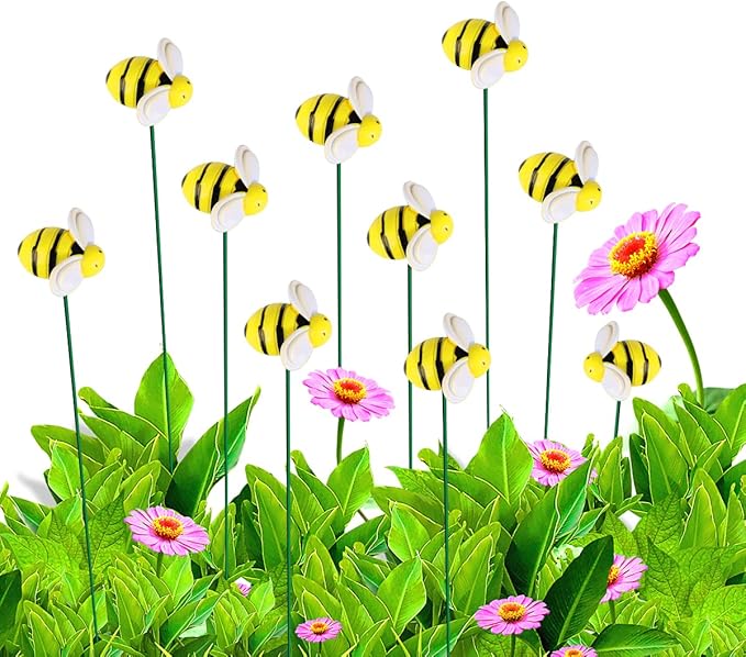Bee Garden Stakes Decor, Metal Plant Garden Decor Yard Art, Cute Bee Design Decorative Garden Stakes for Garden Lawn Corridor Plant Pot, Flower Bed Decor Yellow (10Pcs)