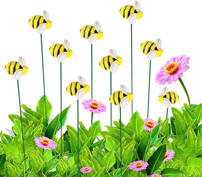 Bee Garden Stakes Decor, Metal Plant Garden Decor Yard Art, Cute Bee Design Decorative Garden Stakes for Garden Lawn Corridor Plant Pot, Flower Bed Decor Yellow (10Pcs)