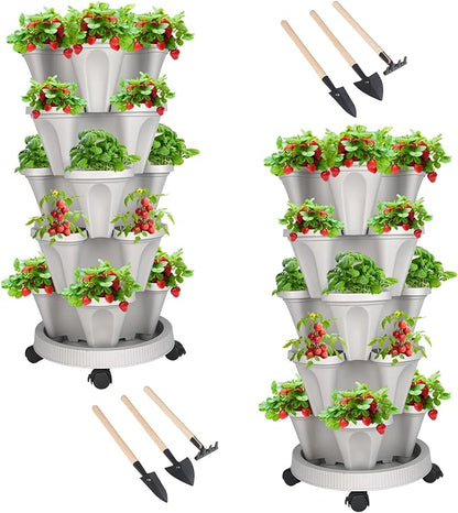 DUNCHATY Stackable Planter, Vertical Garden Planter with Wheels and Garden Tools, Strawberry Planter Indoor/Outdoor 5 Tier Herb Planter Pots for Growing Vegetables and Succulents,Gray