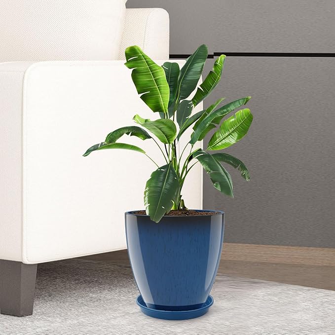 GameXcel Flower Pot Indoor - Outdoor Plant Pot - Navy Blue Glossy Planter - Elegant Ceramics Imitation - 12" Diameter 12" Tall with Drainage Holes and Saucer
